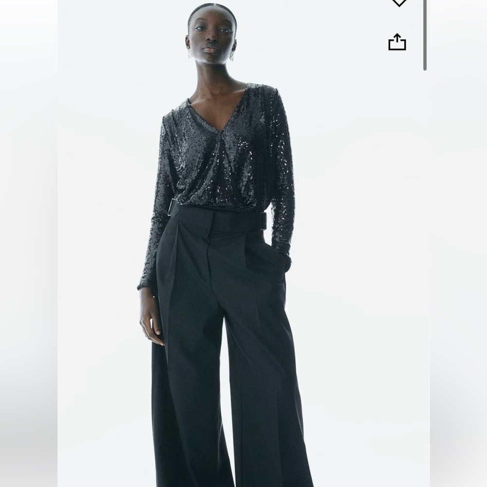 H&M Black Sequin Bodysuit M Long Sleeve V Neck Y2K Clubwear Holiday NYE Party